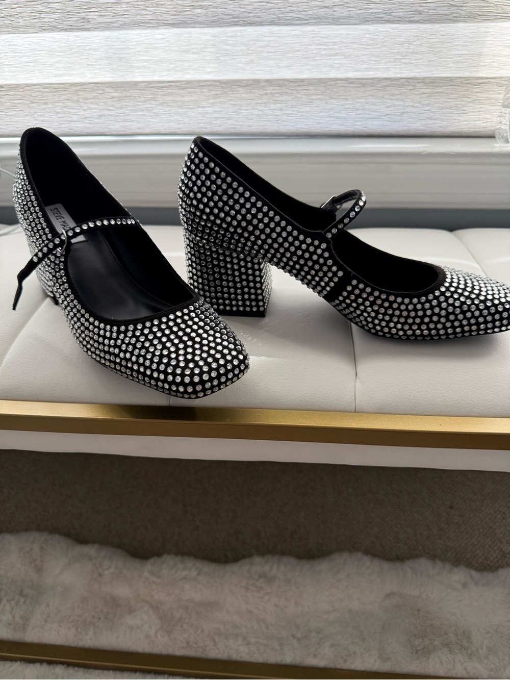 Crystal-Studded Black Mary Jane Block Heels